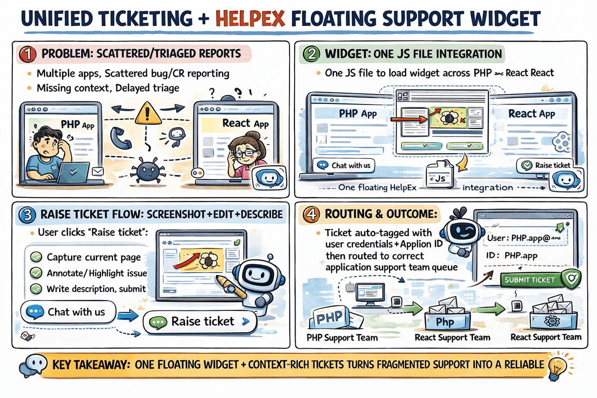 Unified ticketing and HelpEx floating support widget: one-file integration, chat or raise-ticket flow, screenshot annotation, and app-ID routing
