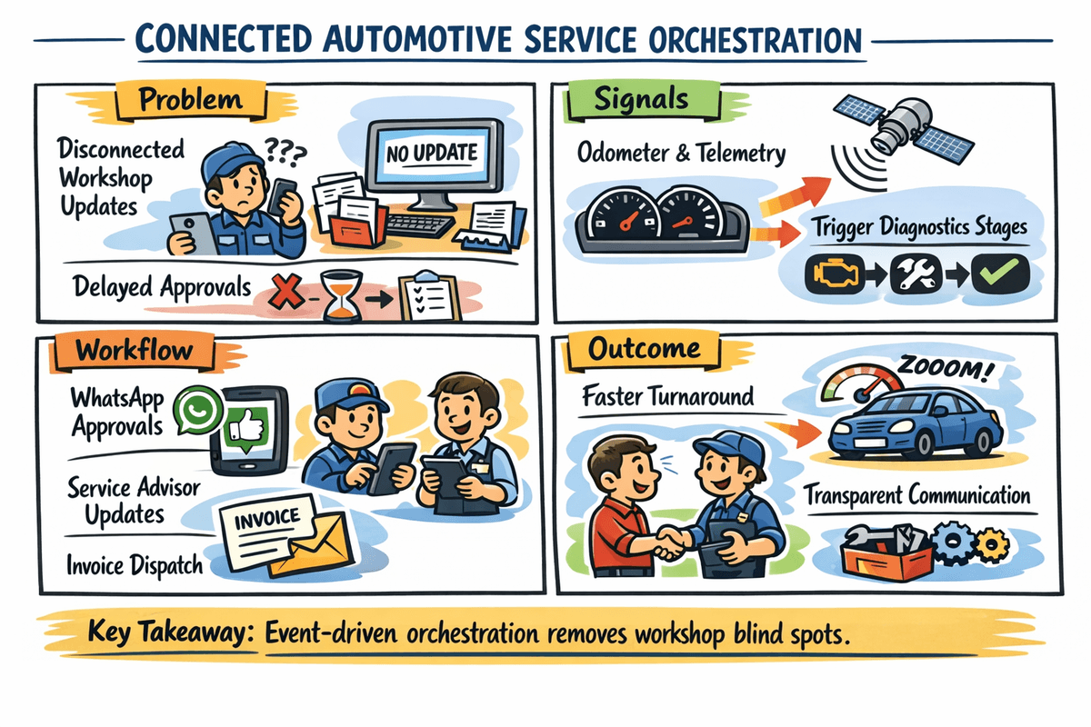 Connected automotive service orchestration: signals, workflow, and outcomes