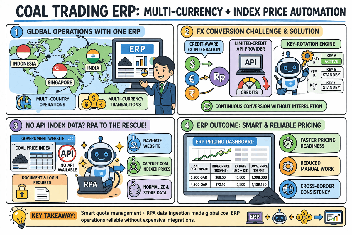Coal trading ERP with multi-currency operations, credit-aware FX conversion, and RPA index-price automation