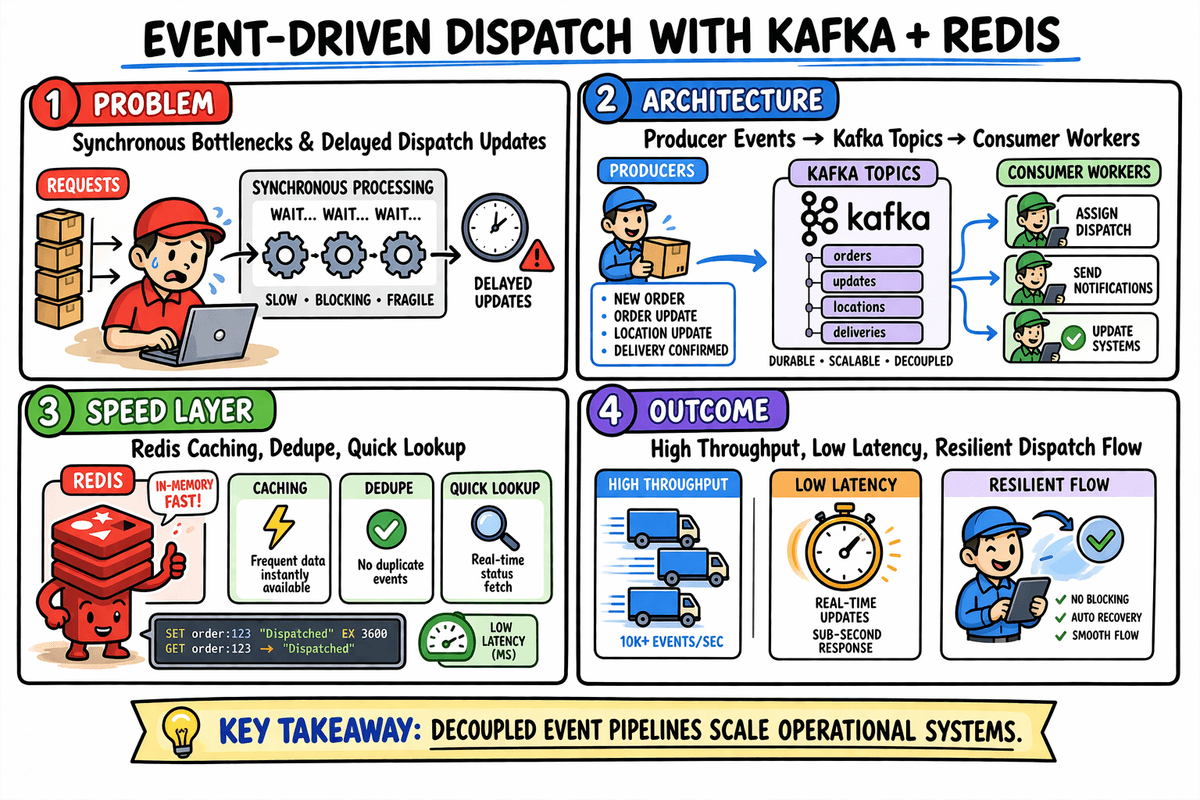 Event-driven dispatch architecture with Kafka and Redis for reliable throughput