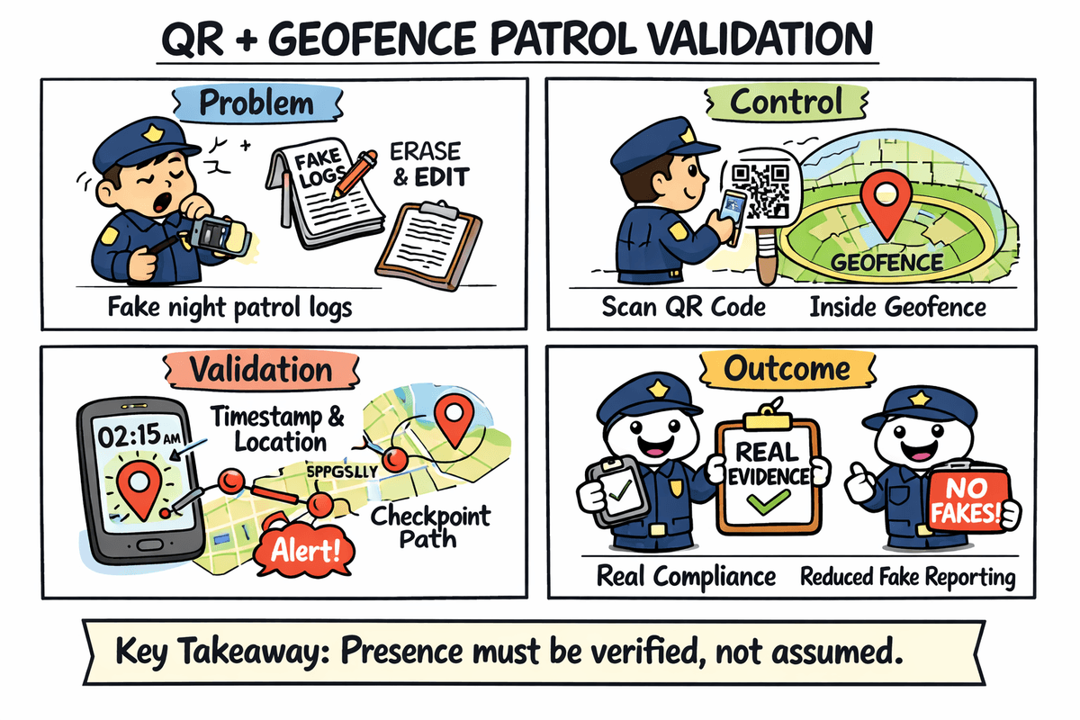 QR geofence patrol validation: problem, control, validation, and outcome