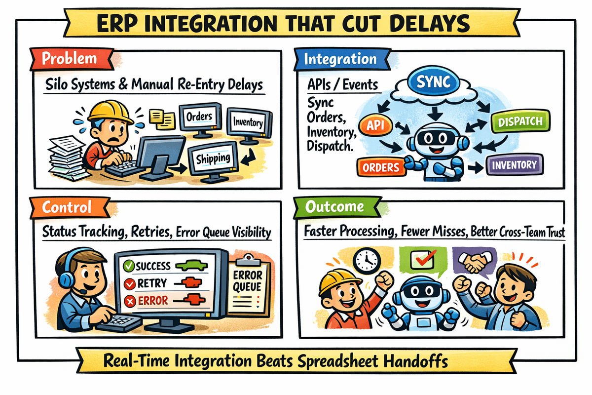 No-API ERP integration using controlled RPA automation and validation flows