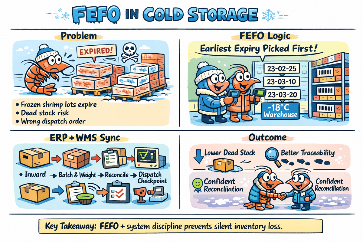 Inside the Sandhya Aqua cold storage warehouse where frozen shrimp inventory is managed at -18C
