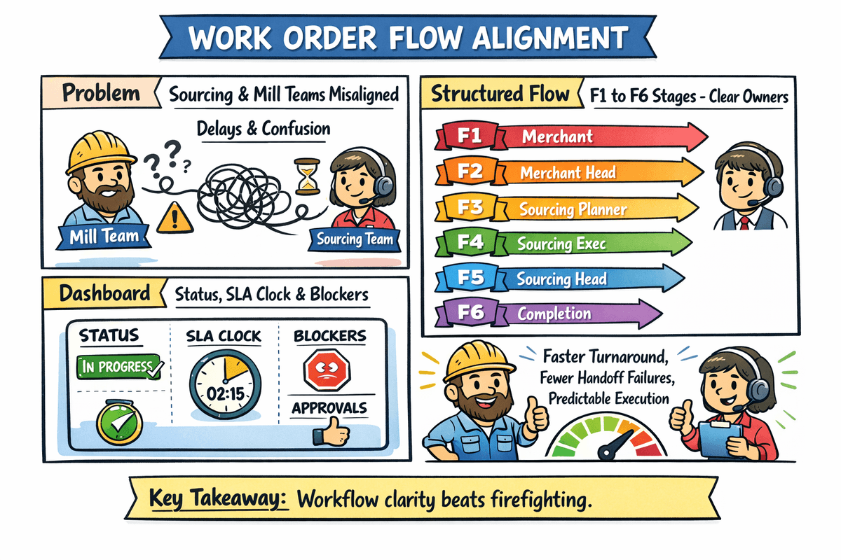 Work order flow alignment: problem, structured flow, dashboard, and outcome